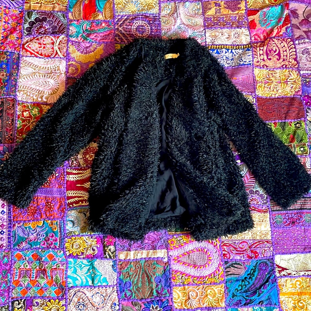 Anthropologie black faux fur open front coat M